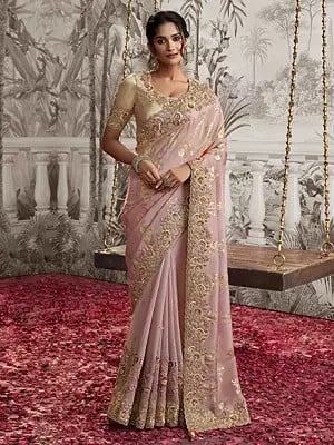 Baby-Pink Floral Butti Zari Embroidered Pure Viscose Tissue Jacquard Saree with Blouse