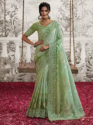 Sea-Green Leaf Pattern Zari Embroidered Pure Viscose Tissue Jacquard Saree with Blouse