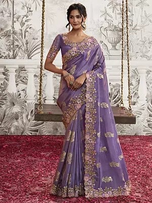 Faded-Purple Zari Embroidered Pure Viscose Tissue Jacquard Saree with Floral Border and Blouse
