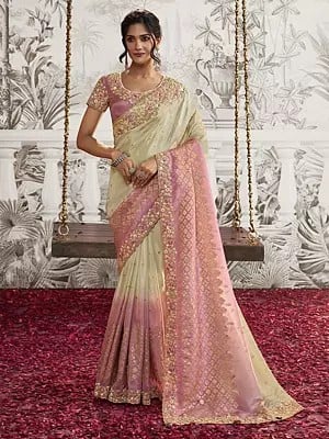 Light-Pink Zari Embroidered Pure Viscose Tissue Jacquard Saree with Blouse and Floral Border