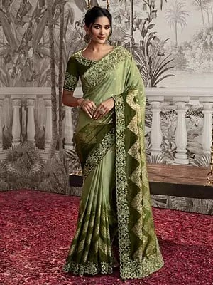 Light Olive-Green Floral Butti Zari Embroidered Pure Viscose Tissue Jacquard Saree with Blouse