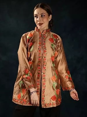 Camel Color Silk Short Jacket from Kashmir with Floral Aari Embroidery