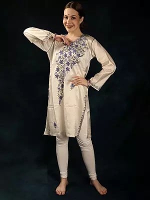 Off-White Pure Silk Kurti from Kashmir with Floral Aari Embroidery by Hand