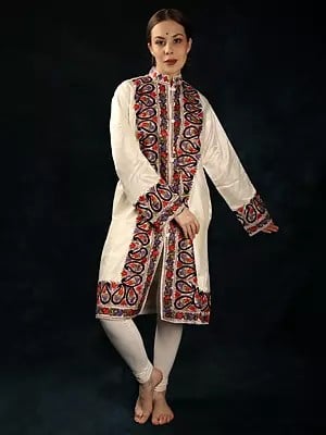 Lucent-White Plain Long Jacket from Kashmir with Multicolor Paisley Aari Embroidery on Border
