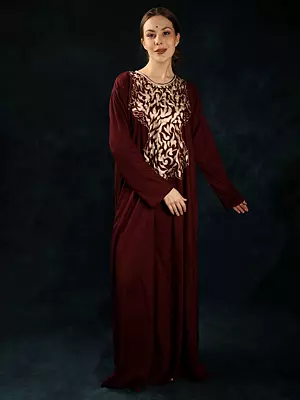 New-Maroon Cotton Kashmiri Long Phiran with Aari Embroidery on Neck