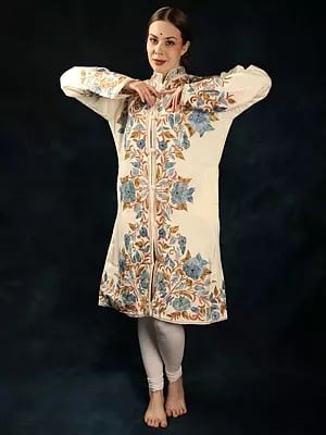 Snow-White Floral Aari Embroidered Wool Long Jacket from Kashmir