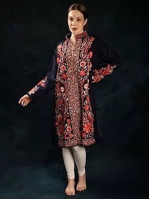 Medieval-Blue Wool Long Jacket from Kashmir with Aari Embroidered Paisleys and Flowers