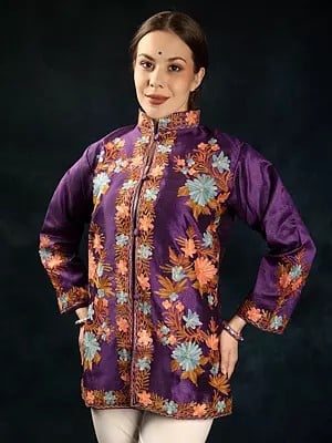 Tillandsia-Purple Aari Embroidered Short Jacket from Kashmir