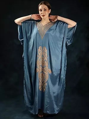Blue-Jasper Art Silk Long Kaftan from Kashmir with Aari Embroidered Paisley