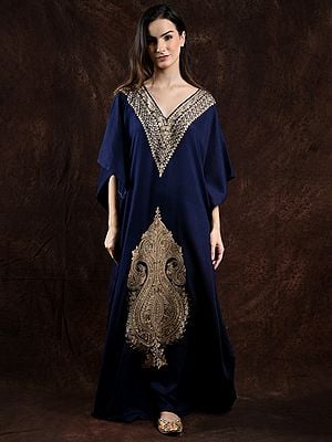 Fine Wool Long Kaftan from Srinagar with Kalka Aari Embroidery