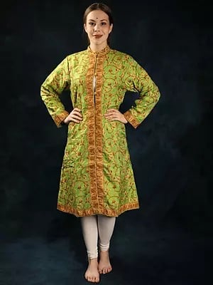Pure Silk Paisley Jaal Hand-Aari Embroidered Long Jacket from Kashmir