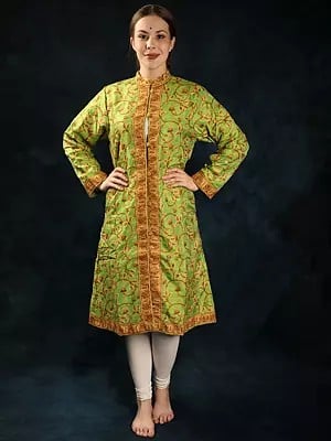 Titanite Pure Silk Paisley Jaal Hand-Aari Embroidered Long Jacket from Kashmir