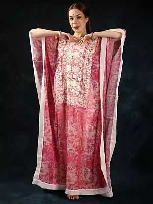 Azalea-Pink Georgette Floral Rose Printed Long Kaftan with Aari Embroidery on Neck