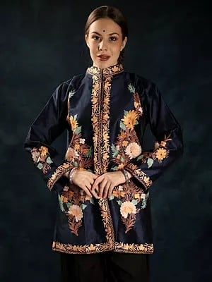 Pageant-Blue Silk Short Jacket from Srinagar with Floral Motif Aari Embroidery