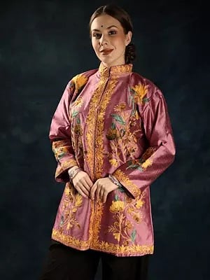 Cashmere-Rose Phool Bail Aari Embroidered Pure Silk Short Jacket from Kashmir