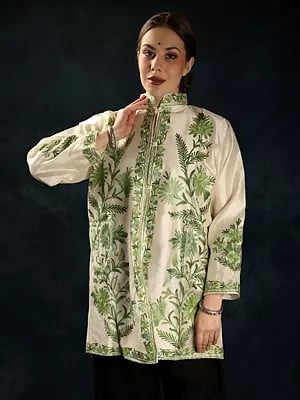 Snow-White Silk Short Jacket with Floral Motifs Aari Embroidery