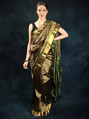Black-Golden Pure Silk Saree from Bangalore with Brocaded Peacock Motif on Pallu
