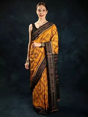 Amber-Yellow Pure Cotton Ikat Handloom Saree from Sambhalpur