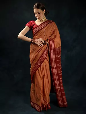 Pastry-Shell Pure Cotton Ikat Saree from Sambalpur with Rudraksha Woven Border