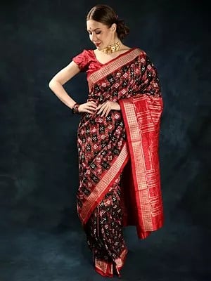 Pure Shakta Silk Black & Maroon Ikat Handloom Saree from Sambalpur with Woven Checks