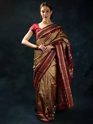 Gilded-Beige Handloom Sambhalpuri Saree from Orissa with Ikat Weave on Border