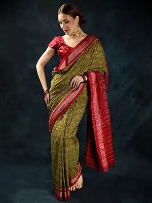 Golden-Cypress Pure Cotton Handloom Saree from Sambhalpur with Ikat Weave All-over