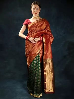 Hunter-Green Pure Silk Handloom Saree from Bangalore with Zari Weave