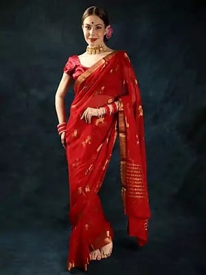 True-Red Handloom Saree with Nandi Ox Woven All-Over