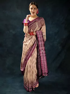 Brazilian-Sand Pure Cotoon Ikat Woven Saree from Sambhalpur