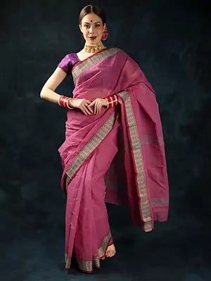 Rose-Violet Cotton Saree from Bengal with Woven Motifs on Anchal