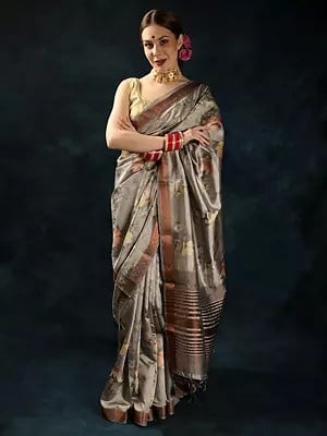 Lilac-Gray Saree with All-Over Floral Print and Tasseled Pallu