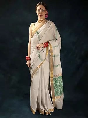 Bright-White Pure Cotton Assamese Saree with Woven Motifs on Anchal