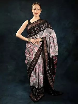 Gray-Quill  Sambalpuri Handloom Saree with Ikat Weave All-over