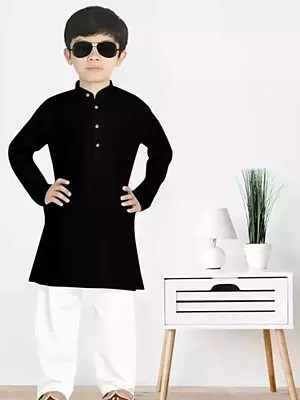 Black Kurta And Pajama Set For Boys With Mandarin Collar