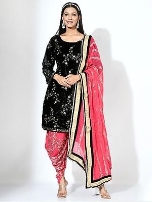 Black-Pink Embroidered & Embellished Sequins Patiala Salwar-Suit with Faux Georgette Dupatta