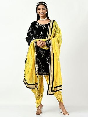 Black-Yellow Patiala Salwar-Suit with Embroidered, Embellished Sequins, And Georgette Dupatta