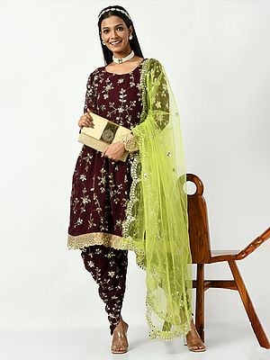 Dark-Maroon Patiala Salwar-Suit with Dupatta and Floral Motif Embroidered Sequins