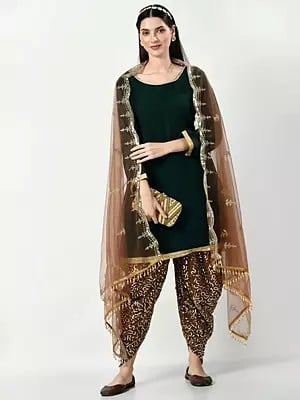 Black-Brown Embroidered and Embellished Sequins Salwar-Suit Set with Tassels Border Dupatta