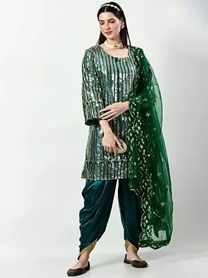 Dark-Green Embroidered Sequins Malay Silk Patiala Salwar-Suit with Heavy Net Dupatta