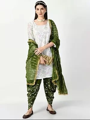 White -Green Embroidered Sequins Faux Georgette Patiala Salwar-Suit with Golden Lace Dupatta