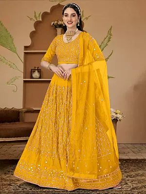 Mustard-Yellow Faux Georgette Lehenga Choli with Embroidery and Zari