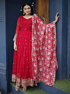 Blooming Georgette Red Suit and Embroidered Zari Sequins-Work