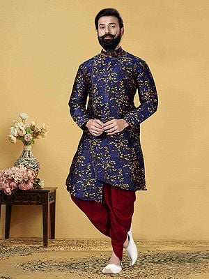 Navy-Blue Dhoti Style Indo Western Set In Heavy Silk For Wedding