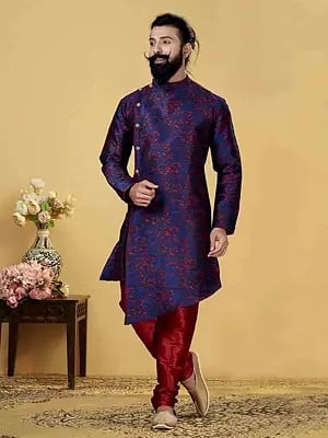 Indigo-Blue Floral Pattern Heavy Silk Indo Western Set with Churidar Pajama