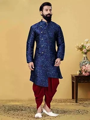 Dark-Blue Vine Pattern Dhoti Style Indo Western Set In Heavy Silk For Men