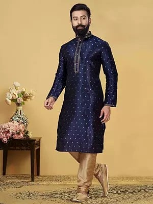 Dark-Blue Small Butti Jacquard Silk Kurta Pajama Set for Men