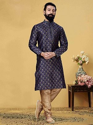 Deep-Blue Jacquard Silk Traditional Kurta Pajama Set For Men