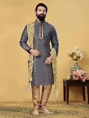 Jacquard Silk Traditional Kurta And Pajama In Indigo-Blue For Wedding
