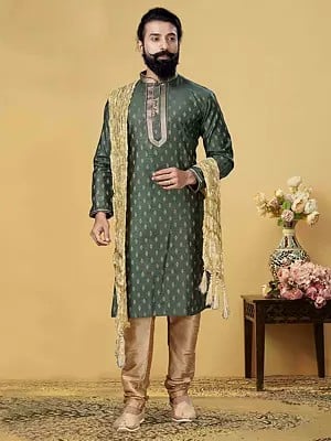 Sage-Green Leaf Motif Jacquard Silk Kurta Pajama For Men