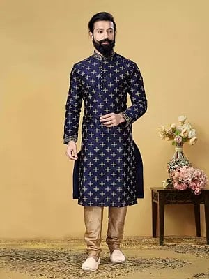 Navy-Blue Dhupion Embroidered Silk Kurta with Churidar Pajama